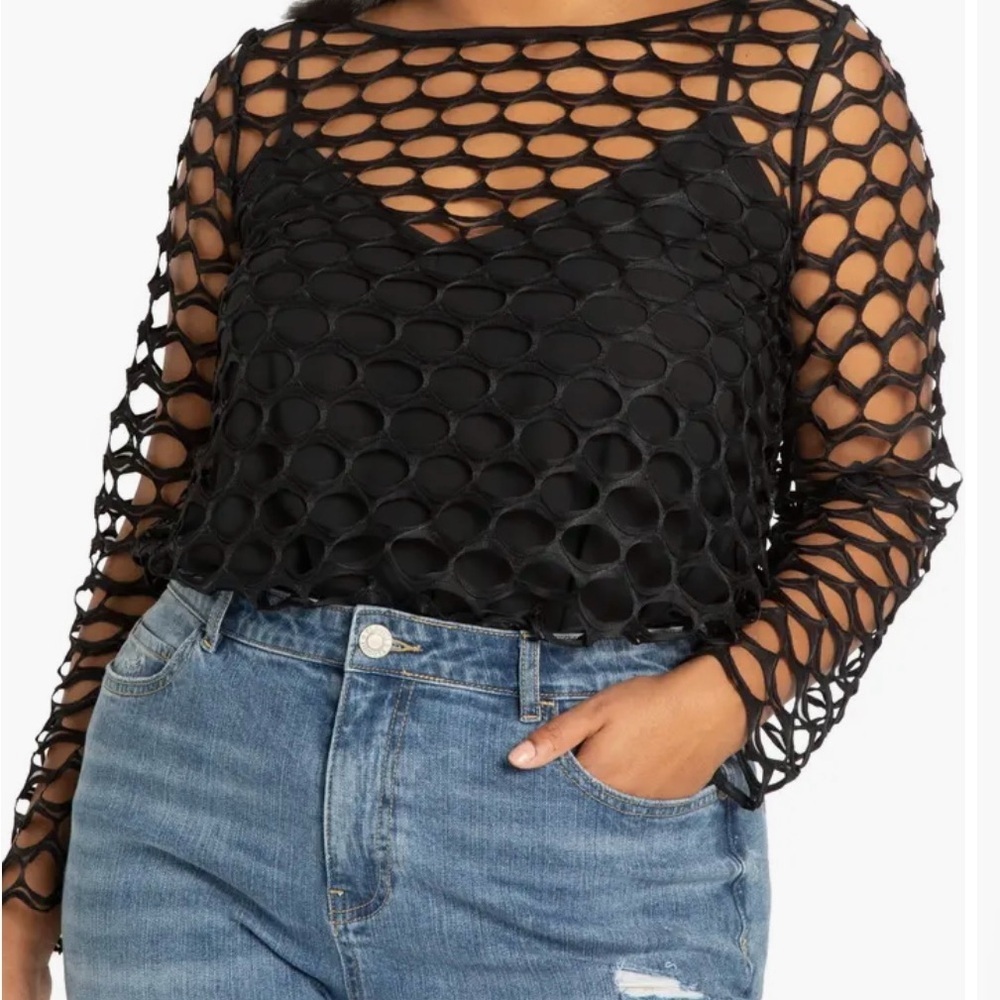 Eloquii Black Open Texture Weave Mesh Blouse